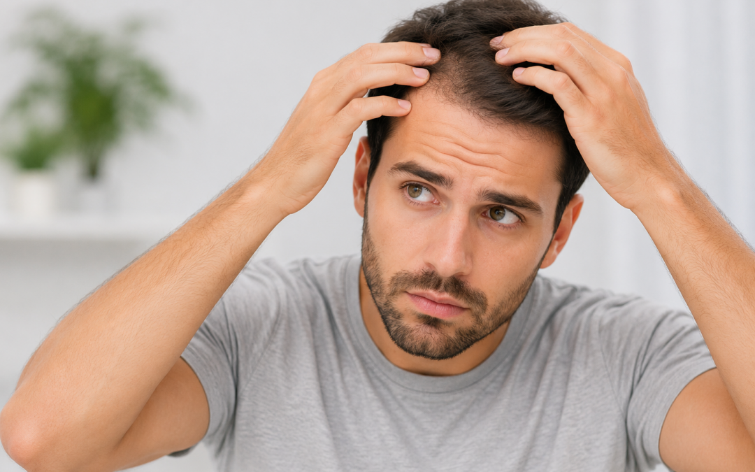 Hombre con cabello sano tocándose el pelo sobre fondo neutro